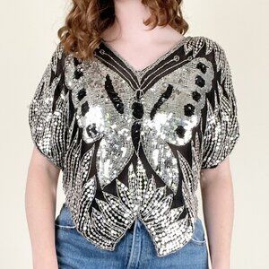 Vintage 100% Silk Sequin Butterfly Top Blouse Disco Party New Romantics 70s 80s